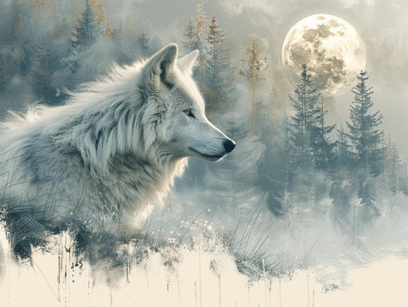 Krafttier Wolf in weiß